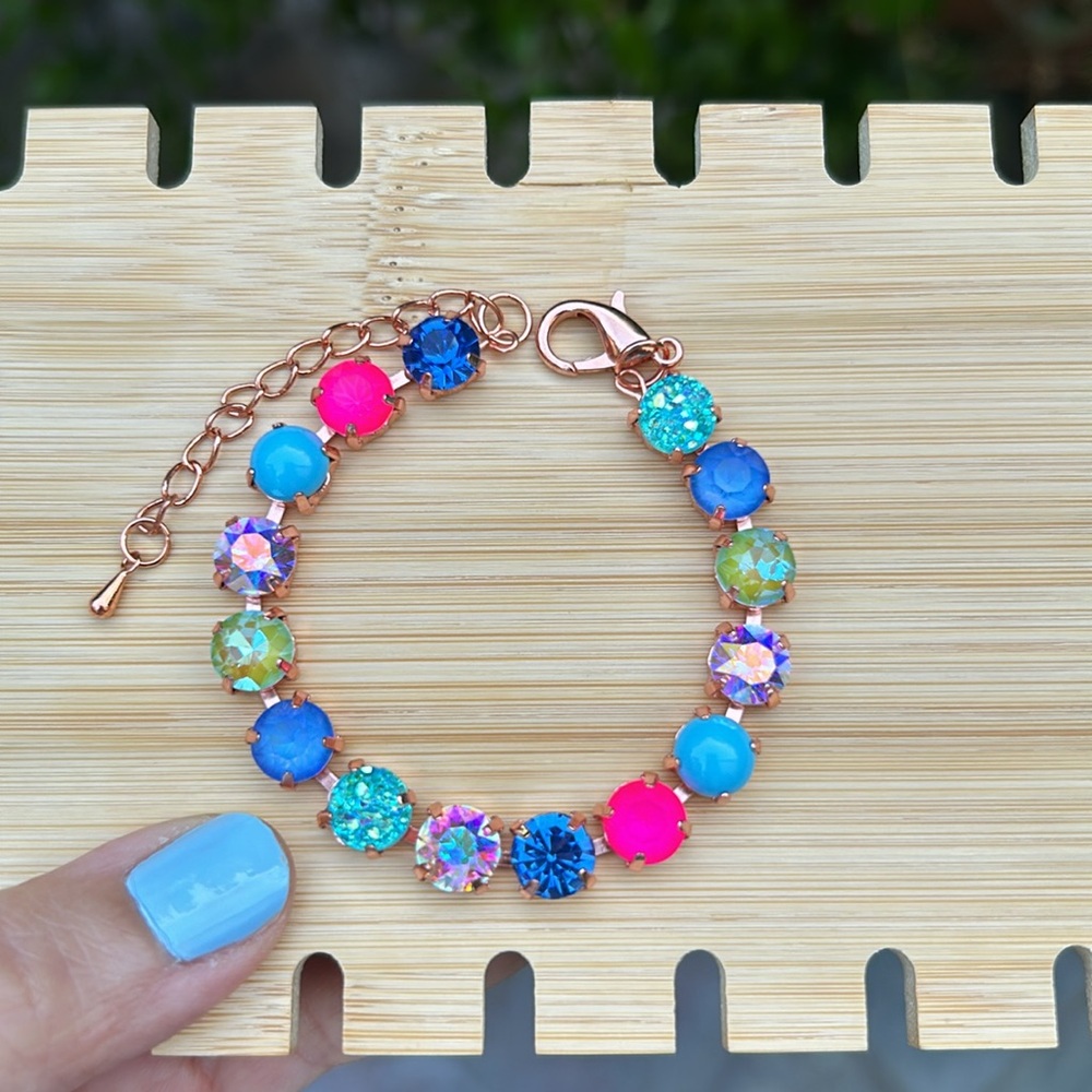 Sapphire Aurora Borealis + Fuchsia Hot Pink “Lillie” Crystal Tennis Bracelet - Picture 12 of 14